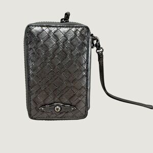 Elliott Lucca‎ Wristlet Wallet OS Silver Metallic Woven Leather Boho Zip Around